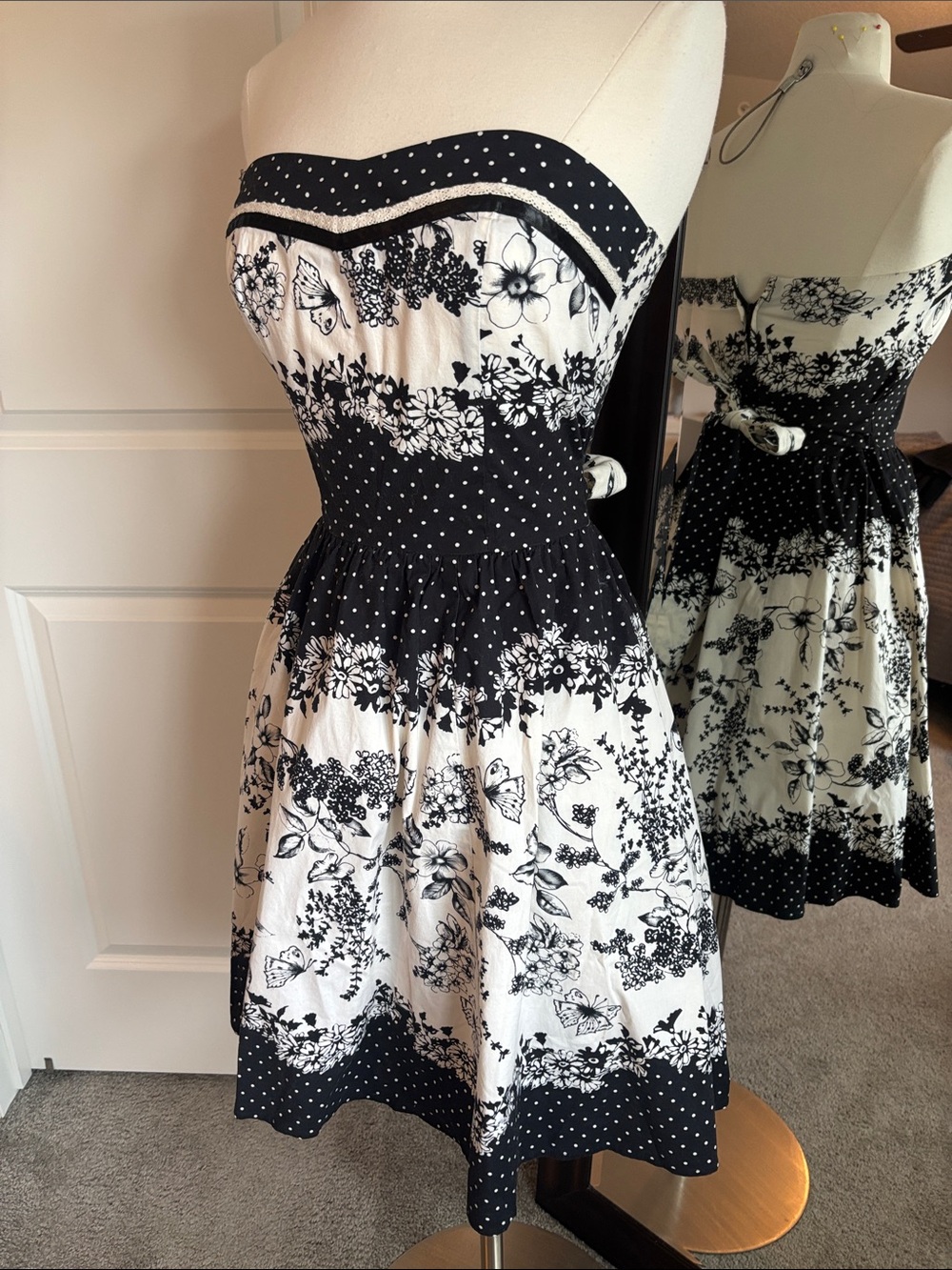 Teeze Me Black and White Strapless Floral Polka Dot Fit-and-Flare Dress